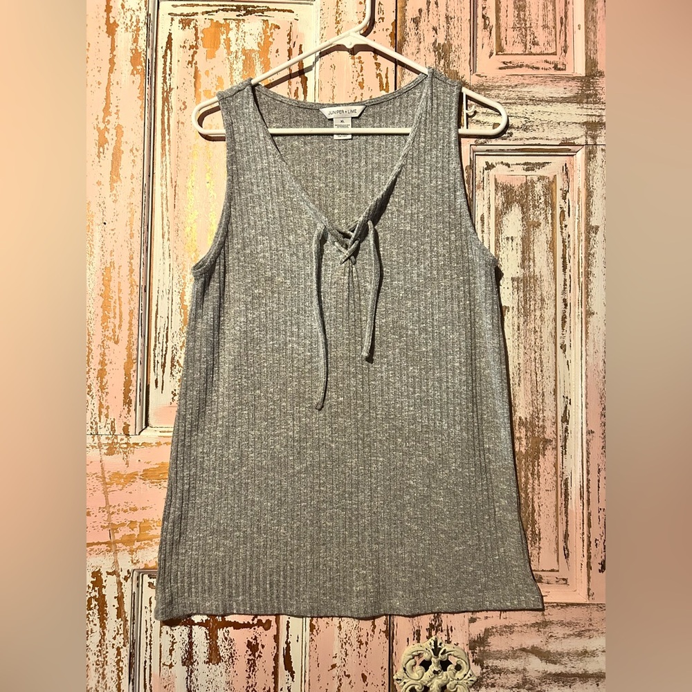 Elegant Gray ribbed Tank Top with Tie Detail